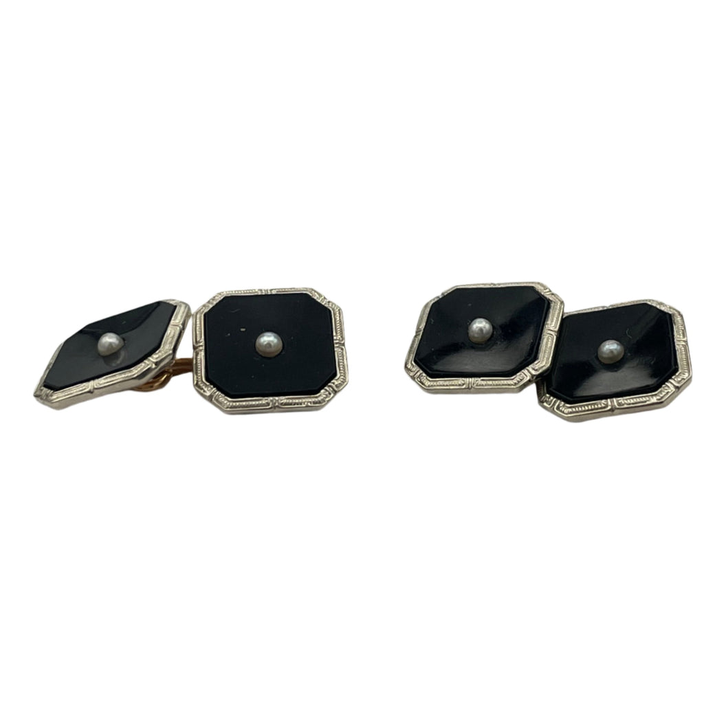 Handsome set of antique Art Deco onyx and seed pearl 10k rose gold cufflinks and three shirt buttons.