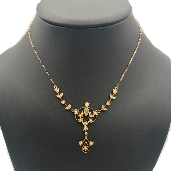 Antique Edwardian 14k yellow gold Peridot and Seed Pearl Lavalier - 1