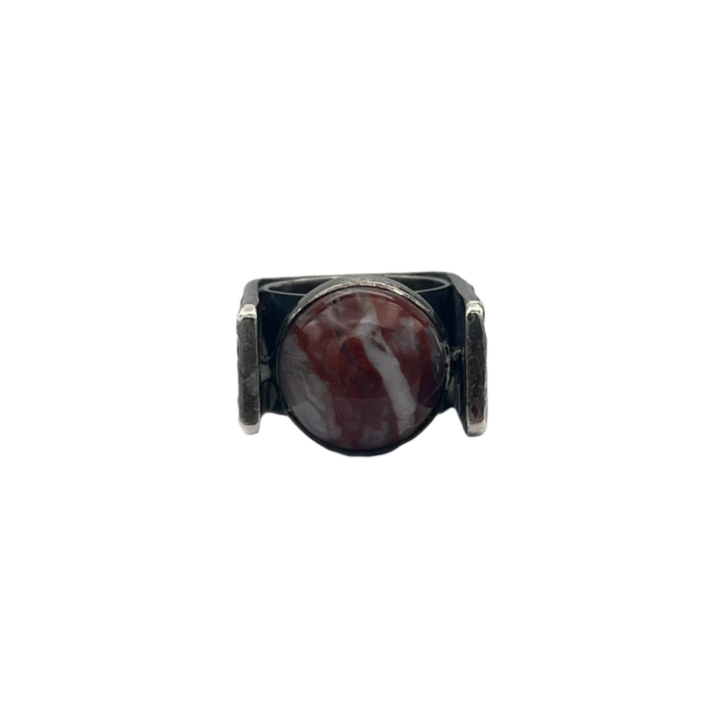 Rectangular Estate signed Walter Schluep solid sterling silver ring, brutalist style with reddish brown resin cabochon.