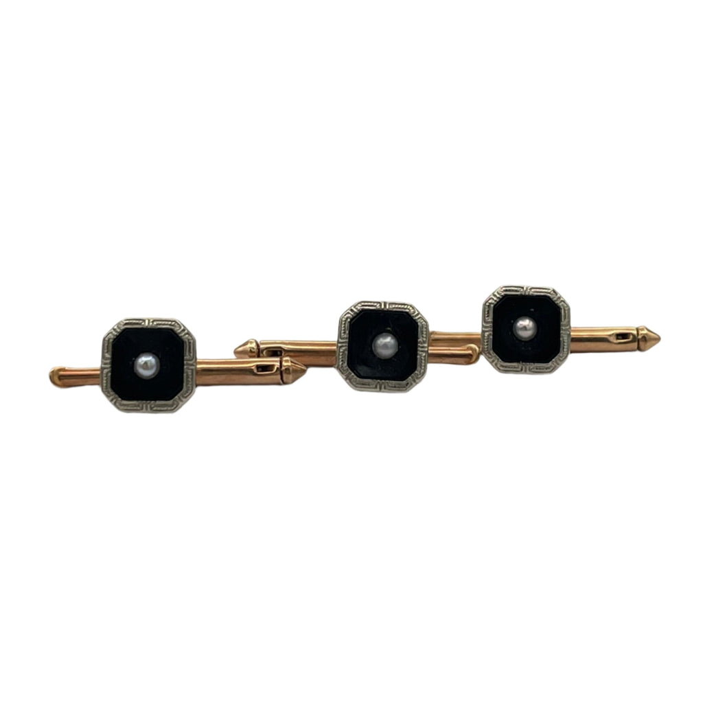 Handsome set of antique Art Deco onyx and seed pearl 10k rose gold cufflinks and three shirt buttons.