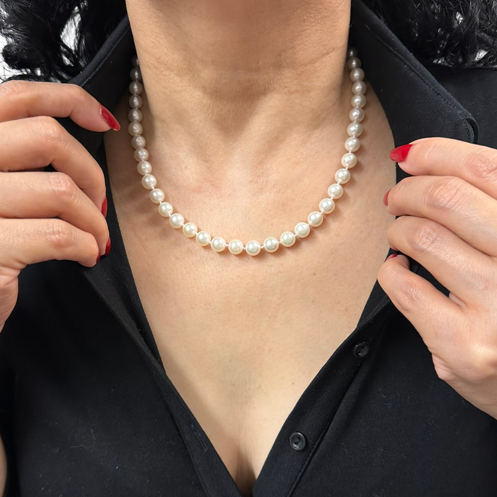 Daisy Exclusive 17" 7.5-8.0mm Single Strand Japanese Cultured Pearl Necklace with 18k Gold Lobster Clasp + Montreal Estate Jewelers