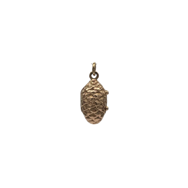 Vintage reliquary 14k yellow gold hollow pinecone locket pendant filled small mourning hair. Mourning jewelry (memento mori) where it was common to slip something personal into it.