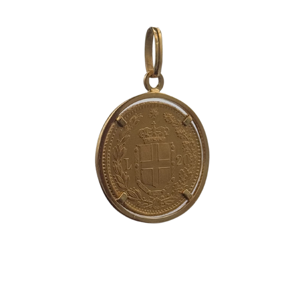 Vintage 21k Gold Italian 20 Lira 1882 Coin pendant in 18k frame - daisy exclusive jewellers