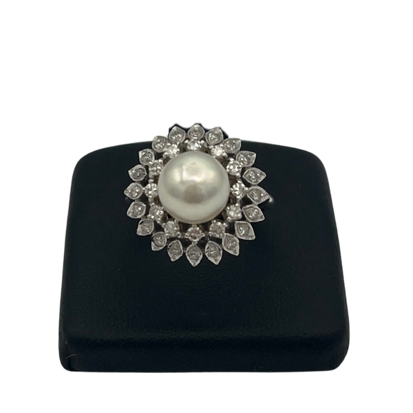 Vintage Birks Pearl and Diamond 14k White Gold Cluster Ring C.1940s - daisy exclusive jewellers