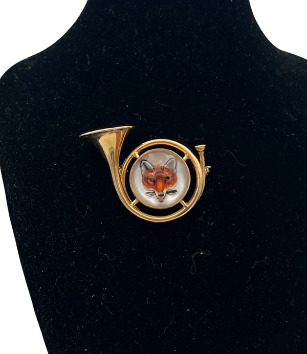 Vintage Essex Crystal Fox Hunting Horn Brooch C.1940, daisy exclusive jewellers
