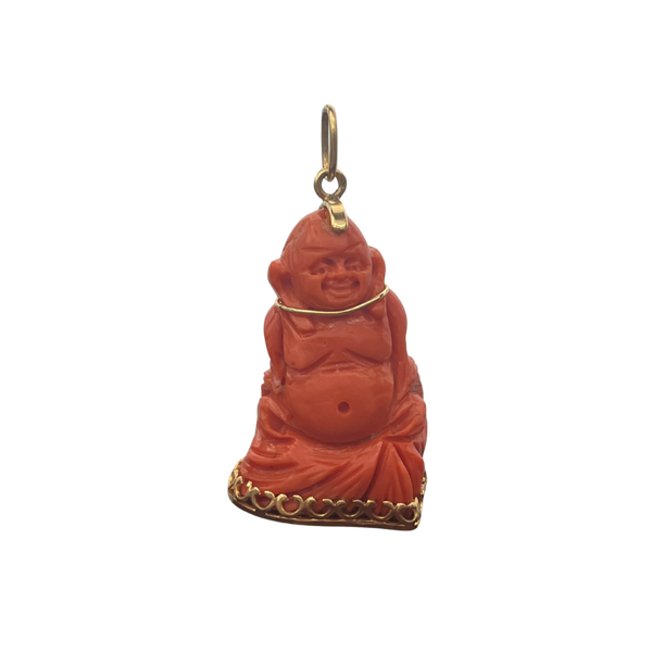 Vintage Hand-Carved Coral Buddha Figural Pendant on 18k Yellow Gold Base - daisy exclusive jewellers