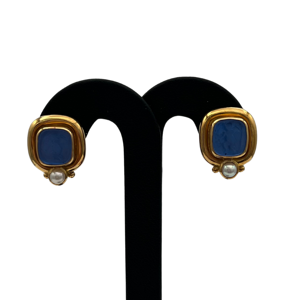 Vintage Signed Elizabeth Locke Venetian Glass and Pearl 18k Earrings - daisy exclusive jewellers