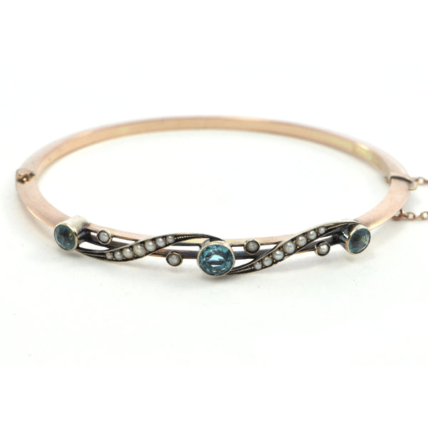 Blue Zircon and Seed Pearls 9K Yellow Gold Bangle Bracelet + Montreal Estate Jewelers