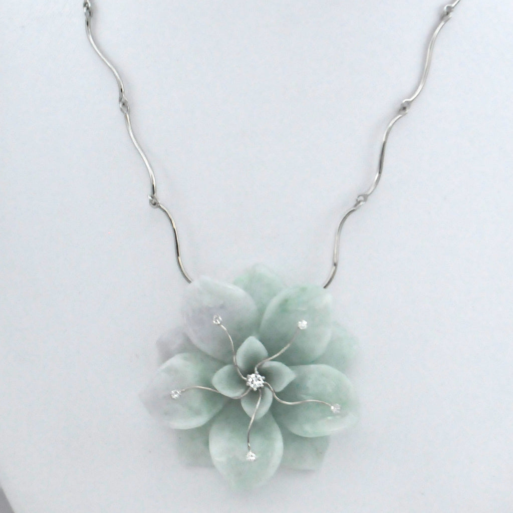 Hand Carved Jadeite Jade Flower and Diamonds Necklace  - Daisy Exclusive - Westmount, Montreal
